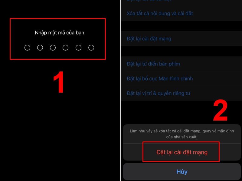 Nhập mật khẩu v&agrave; nhấn v&agrave;o Đặt lại c&agrave;i đặt mạng th&ecirc;m một lần nữa